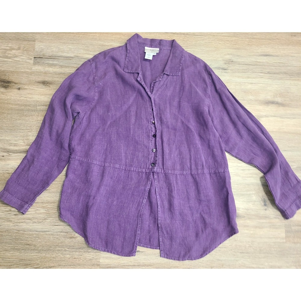Coldwater Creek PM distressed 100% Linen Blouse Button Top Long sleeve Tunic